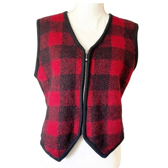 Cambridge Dry Goods Women's Buffalo Plaid Boiled Wool V Neck Vest L or 10 - Picture 1 of 13